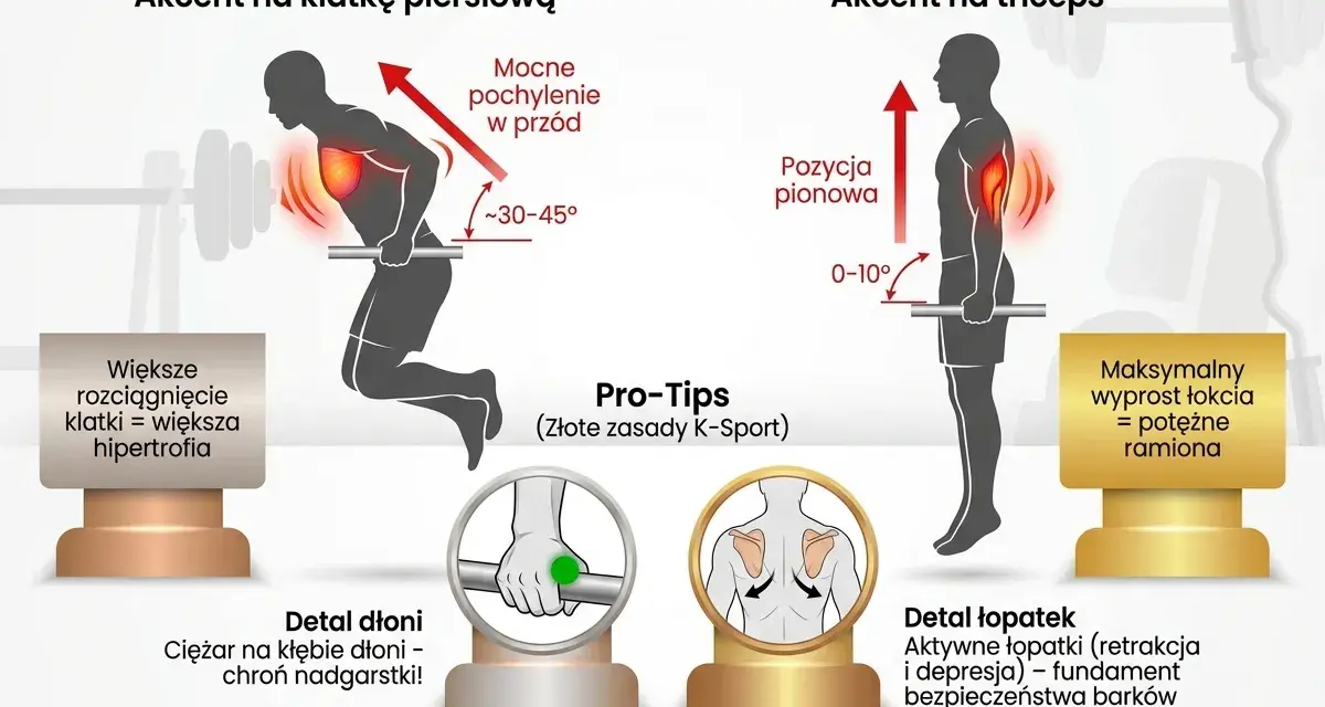 Dipy na triceps: pionowa pozycja ciała i minimalny wyprost łokcia (0-10°) dla potężnych ramion. Porównanie z dipami na klatkę piersiową.