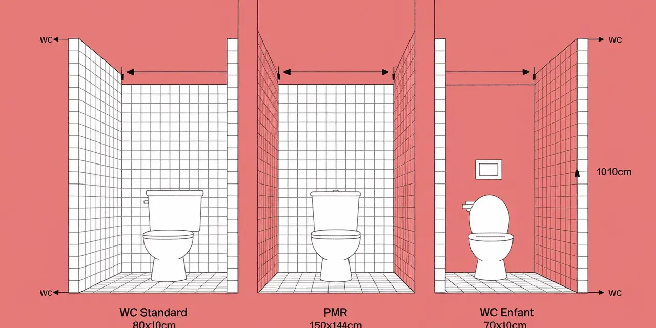 Comparaison des dimensions des cabines WC : standard, PMR et enfant. La hauteur cuvette wc est implicitement représentée par les différentes tailles de cabines.