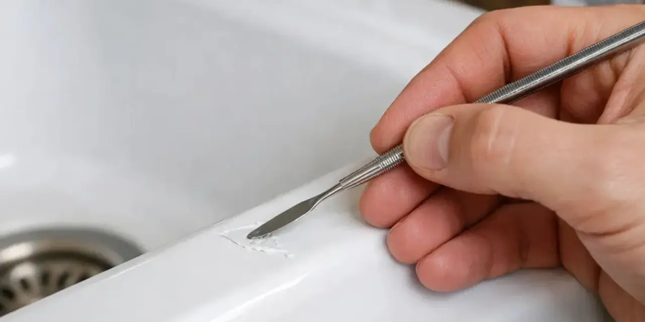 Main d'une personne utilisant un outil pour réparer une rayure sur un lavabo blanc.