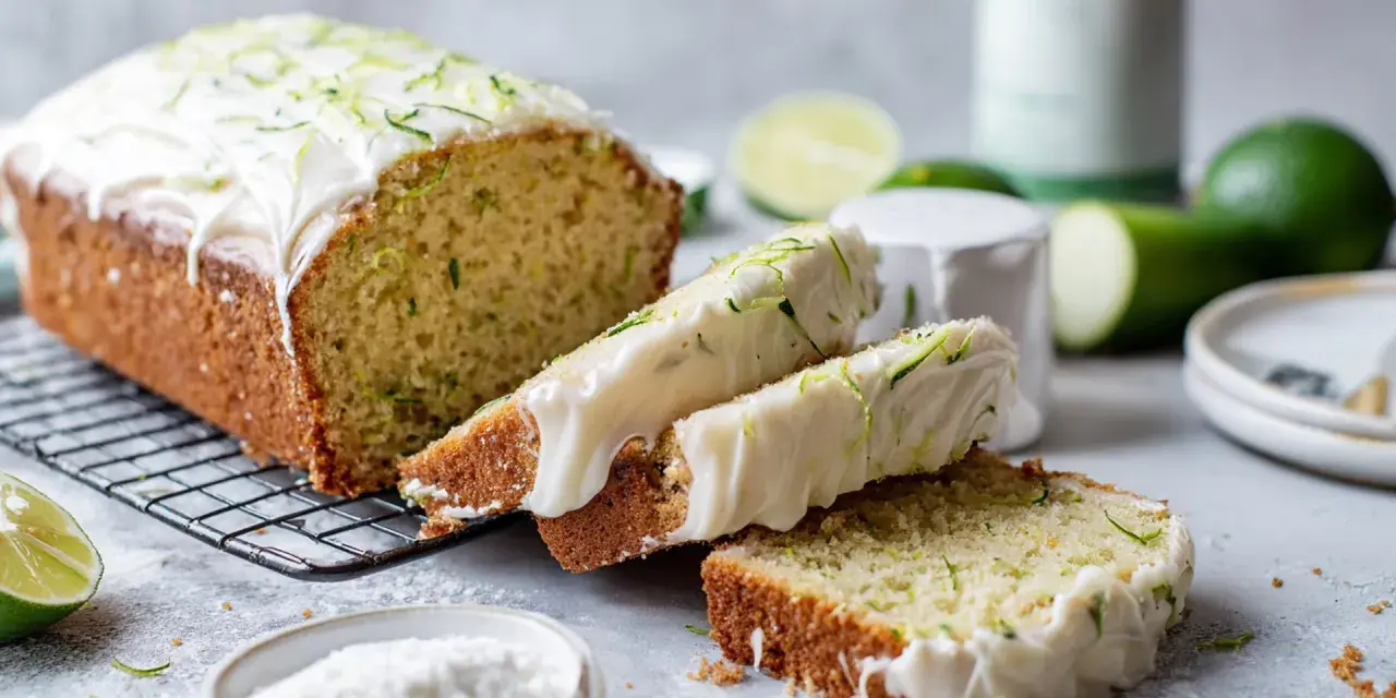 Delicioso pastel de calabacín con glaseado blanco y ralladura verde, acompañado de limas frescas.