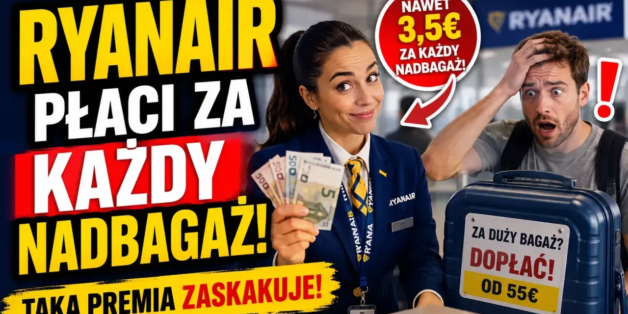 Pracownica Ryanair pokazuje pieniądze, sugerując, ile kosztuje nadbagaż w Ryanair. Klient jest zaskoczony.