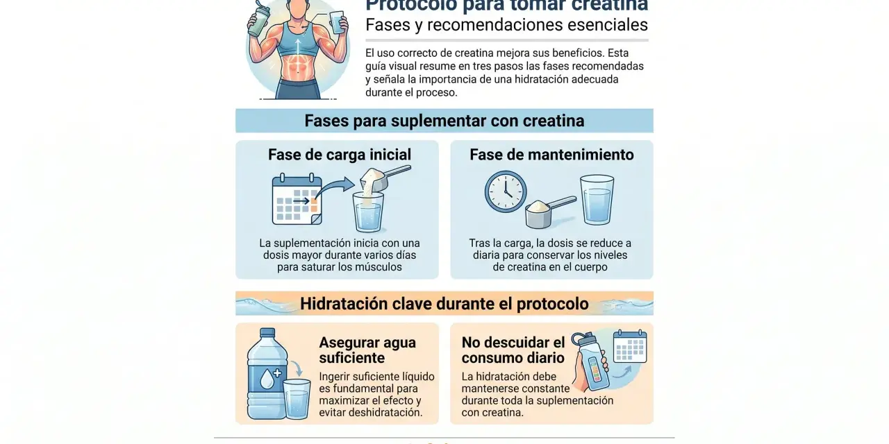 Guía visual sobre cuándo tomar creatina: fases de carga y mantenimiento, y la importancia de la hidratación.
