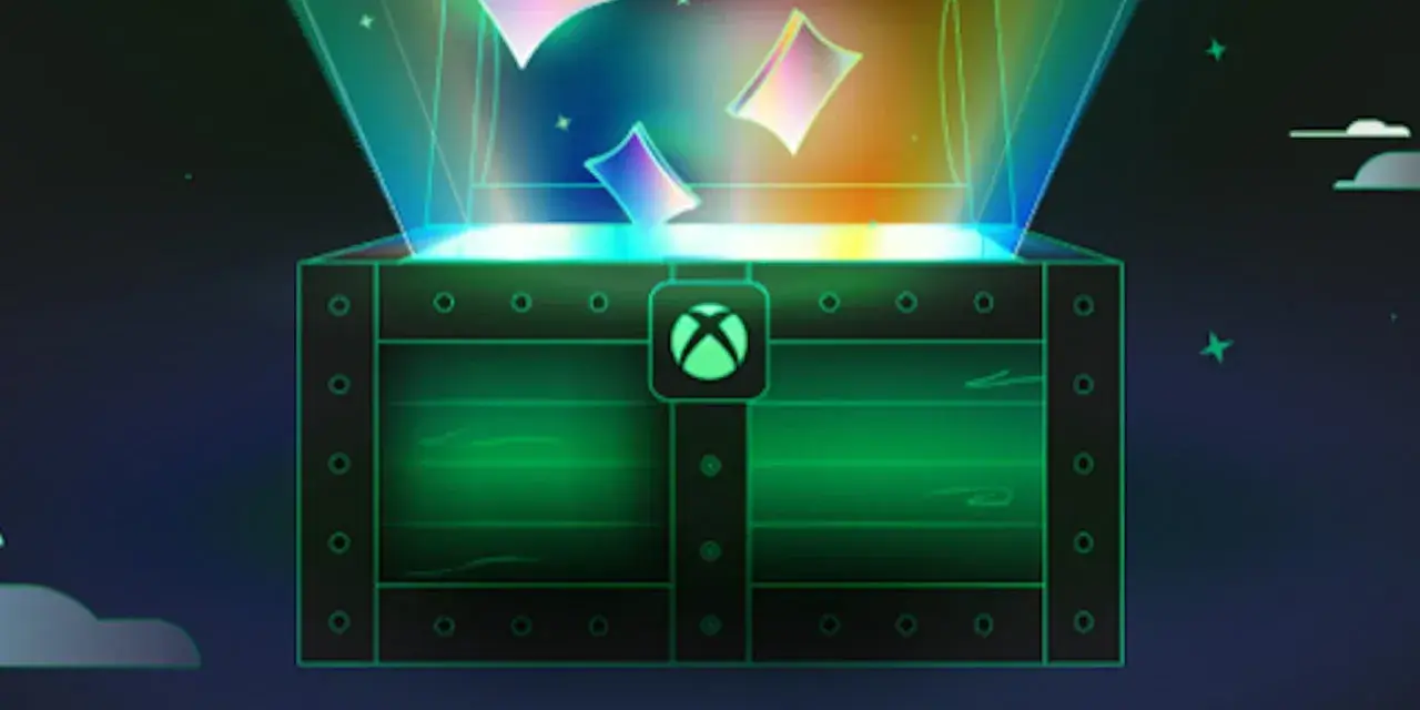 Otwarta skrzynia z logo Xbox, z której wydobywa się zielone światło i kolorowe karty. To jak skarb dla całej rodziny, idealny **game pass family**.
