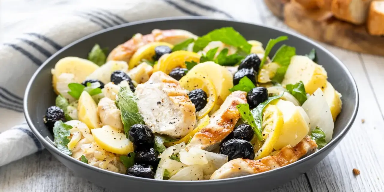 Insalata di pollo sfiziosa con patate, olive nere e limone, un piatto fresco e saporito.