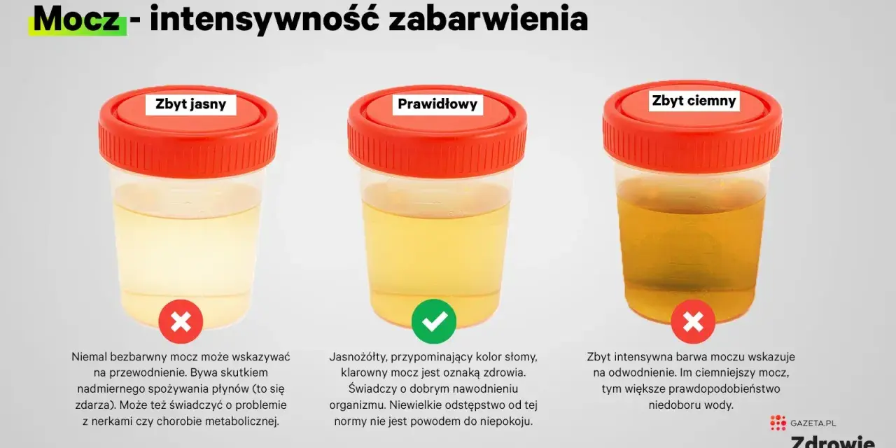 Pojemniki z moczem o różnym zabarwieniu: zbyt jasny, prawidłowy, zbyt ciemny. Zbyt jasny mocz może wskazywać na przewodnienie, a zbyt ciemny na odwodnienie. Pasma śluzu w moczu nie są widoczne na tym obrazie.