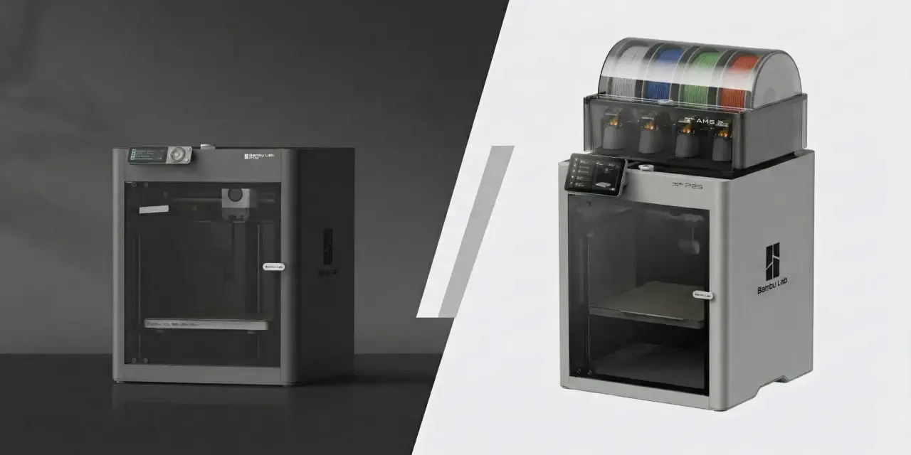 Dwa drukarki 3D Bambu Lab P1P, jedna w ciemnej, druga w jasnej odsłonie, z widocznym systemem AMS.