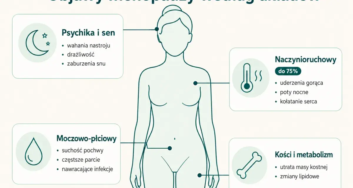 Ilustracja przedstawia objawy menopauzy: psychika i sen, naczynioruchowe, moczowo-płciowe, kości i metabolizm.