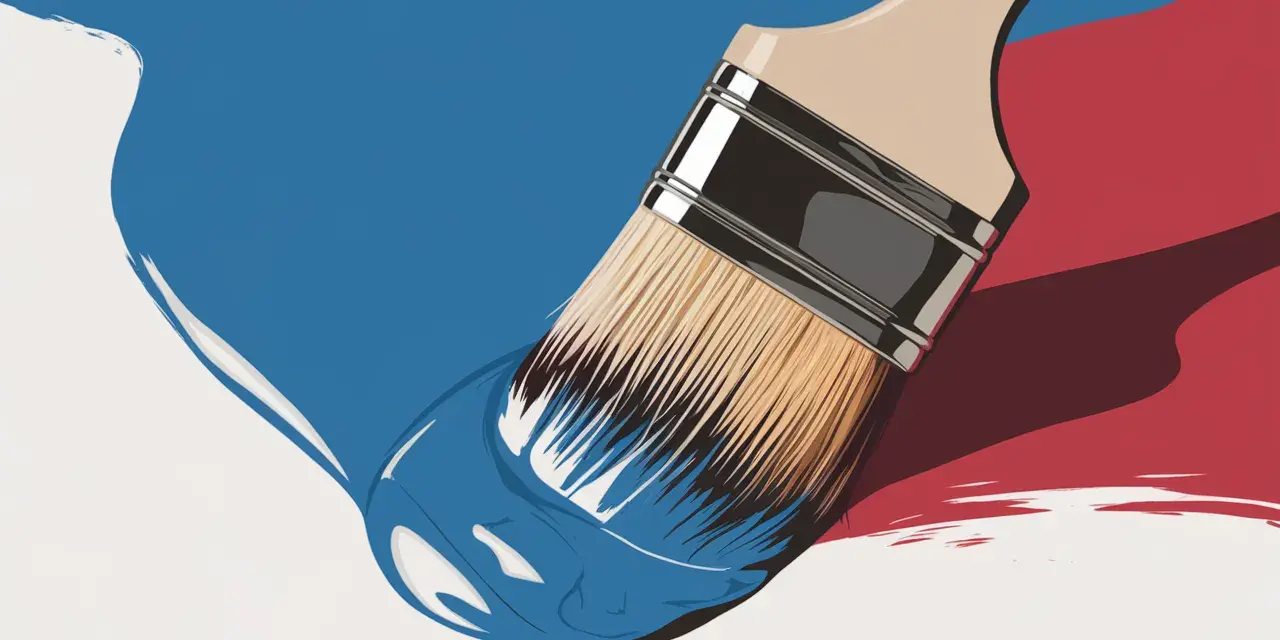 Pinceau trempé dans de la peinture bleue, sur fond blanc, bleu et rouge. La question est : peut-on mélanger 2 peintures de marques différentes ?