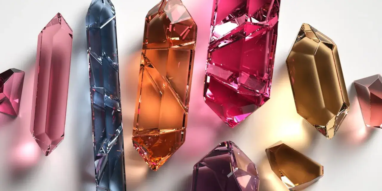 Cristales facetados de diversos tipos de cuarzo: rosa, azul, naranja, fucsia, dorado y amatista, brillan sobre fondo blanco.