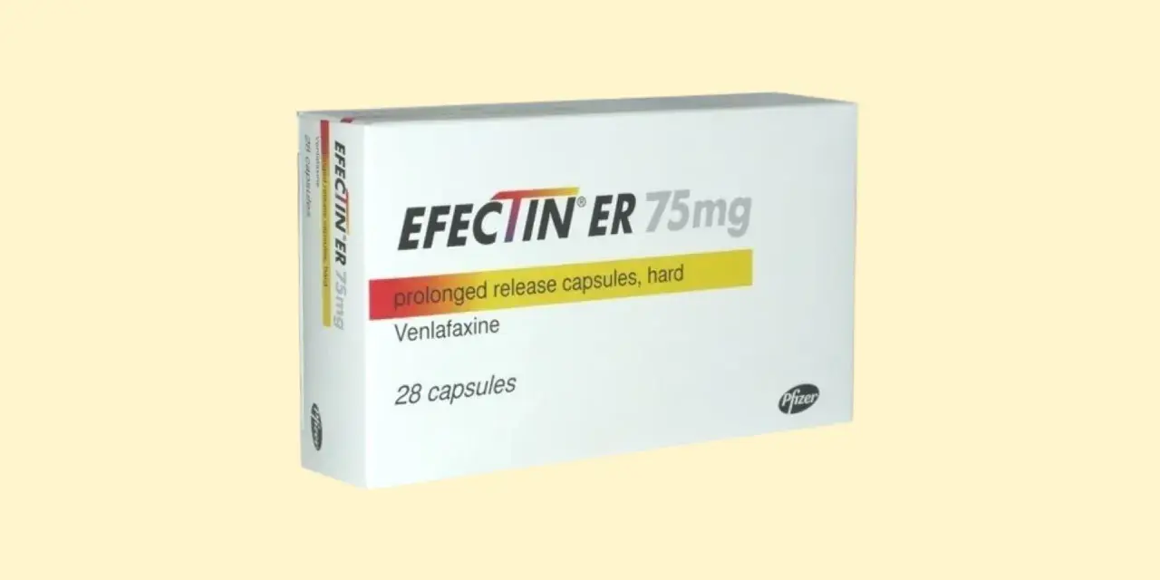 Opakowanie leku Efectin ER 75mg, zawierające 28 kapsułek o przedłużonym uwalnianiu z wenlafaksyną.