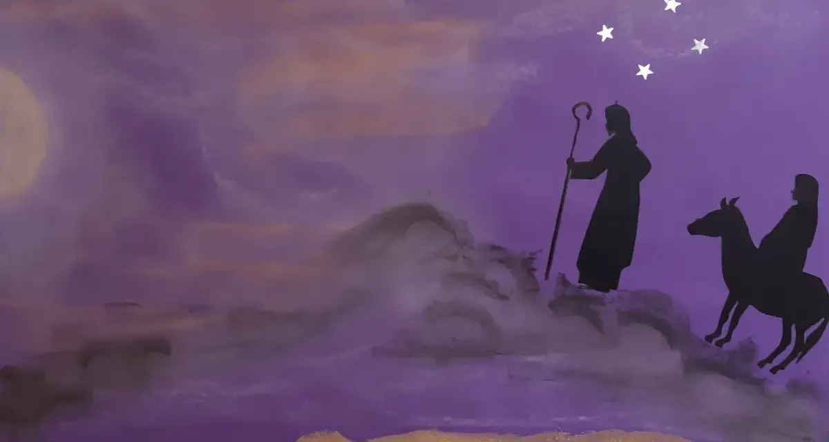Silhouettes of a shepherd and a rider on a donkey journey under a starry sky, evoking the second Sunday of Advent prayer.