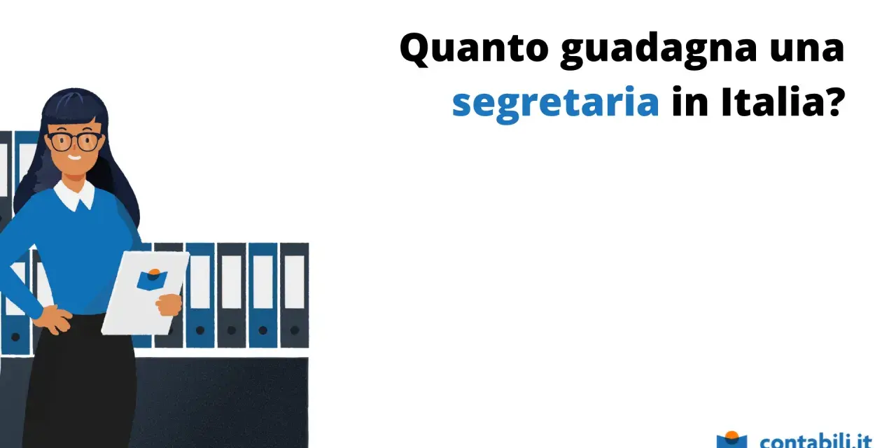 Una segretaria con occhiali e camicetta blu, con cartelline alle spalle, si chiede quanto guadagna lavorare nelle scuole come segretaria.