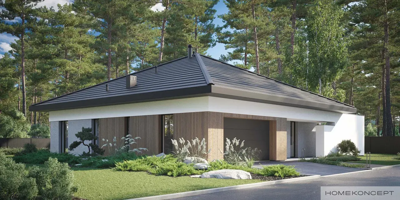 Nowoczesny dom z garażem, otoczony sosnami. Projekt homekoncept 97 g2 to marzenie o spokoju i komforcie.
