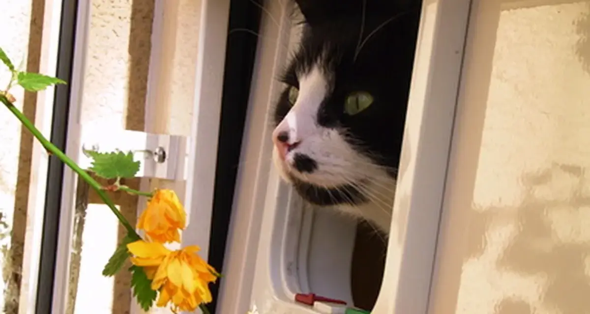 Schwarz-weiße Katze mit grünen Augen schaut neugierig durch eine Katzenklappe. Sie scheint die Freiheit der "katzen mietwohnung" zu genießen.