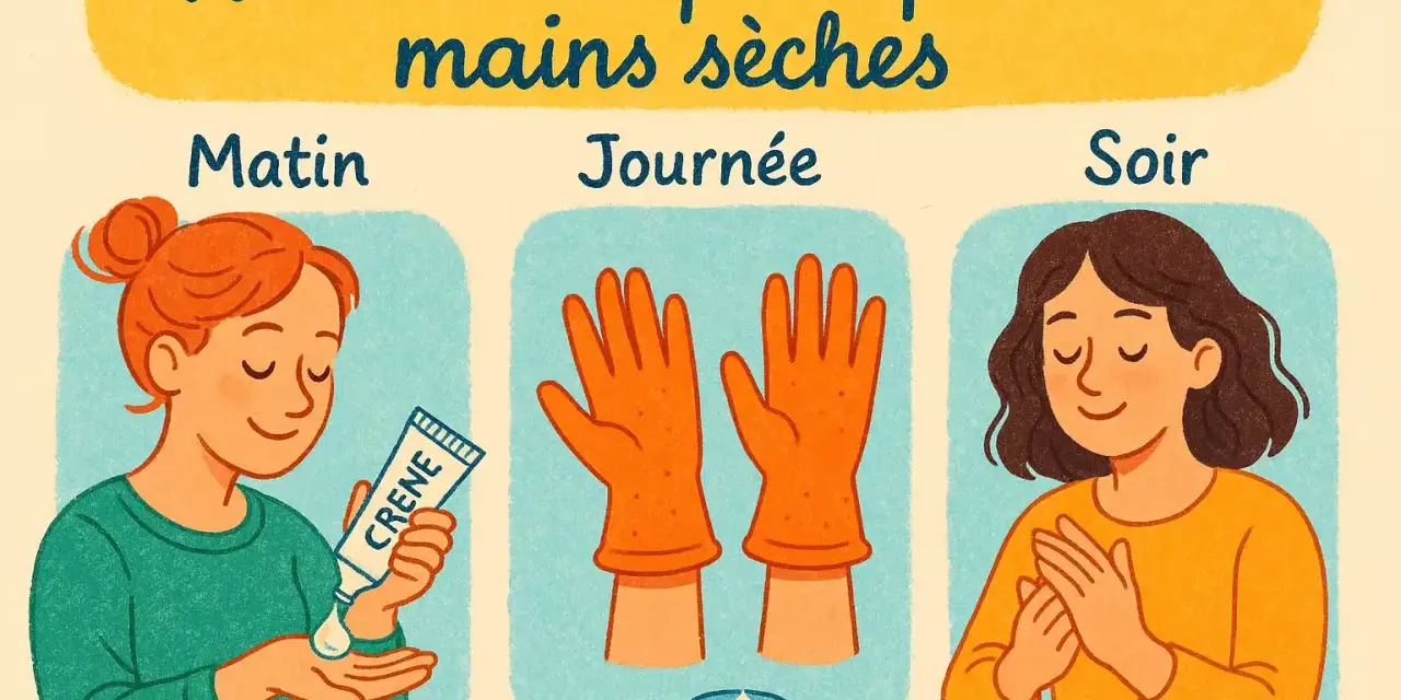 Routine simple pour les mains sèches : matin, journée avec gants et soir.