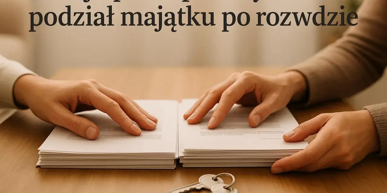 Dwie pary rąk nad stertami dokumentów i kluczykami. Temat: podział majątku po rozwodzie.