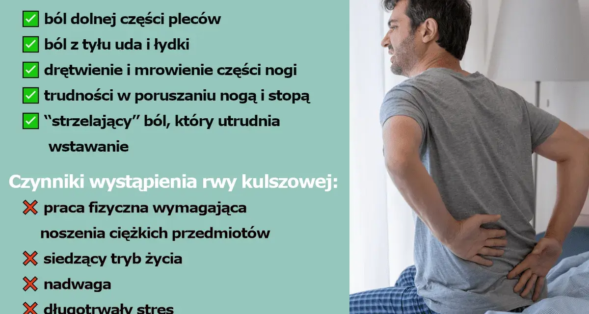 Mężczyzna z bólem w dolnej części pleców, który może być objawem rwy kulszowej.