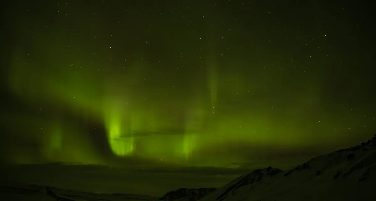 Niesamowita zorza polarna nad Islandią. Zielone smugi tańczą na nocnym niebie, oświetlając ośnieżony krajobraz i drogę.