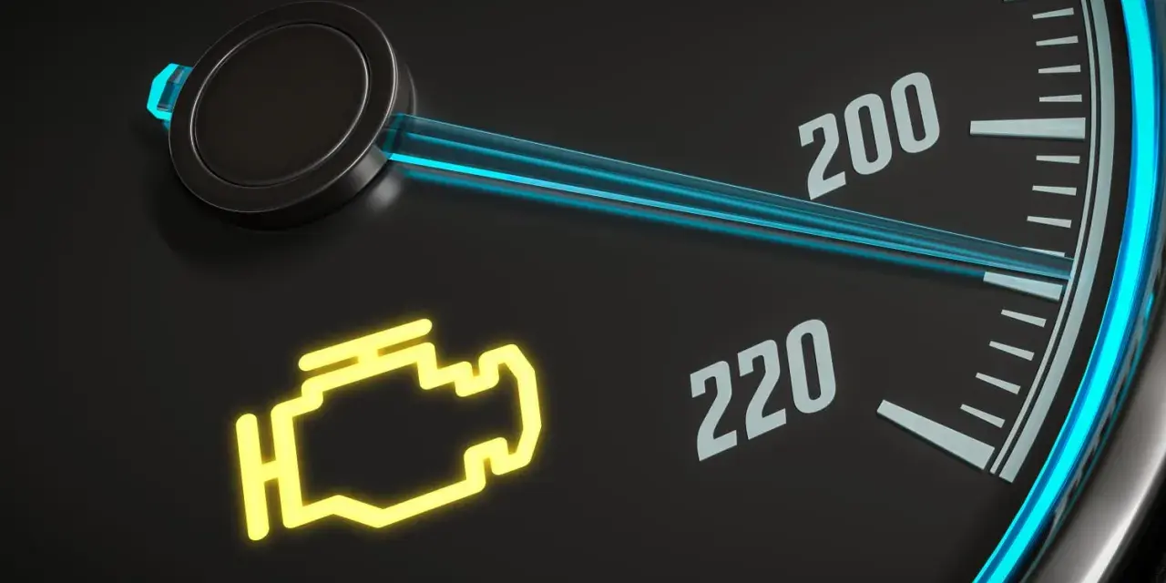 Gelbe motorkontrollleuchte leuchtet auf dem Armaturenbrett. Der Tachometer zeigt 200 und 220.