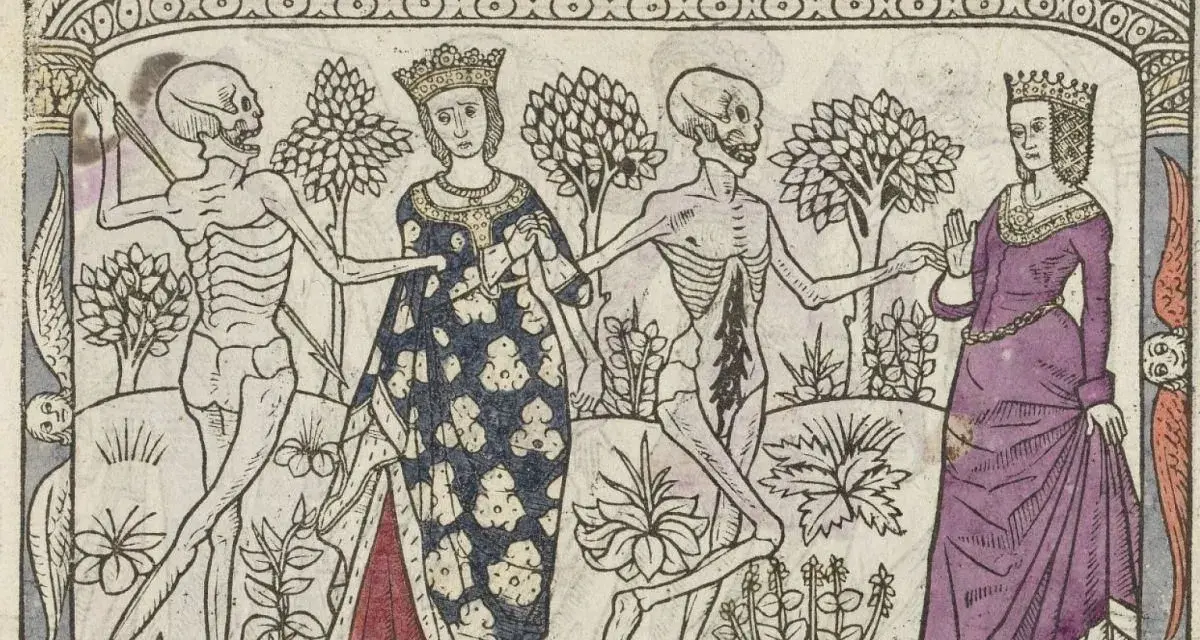 Taniec śmierci (danse macabre) z królową i szkieletem. Królowa w koronie i bogatej sukni tańczy ze szkieletem, który trzyma kosę.