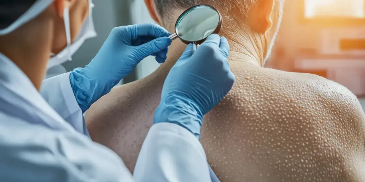 Dermatolog w rękawiczkach bada powiększoną lupą skórę szyi pacjenta z licznymi włókniakami.
