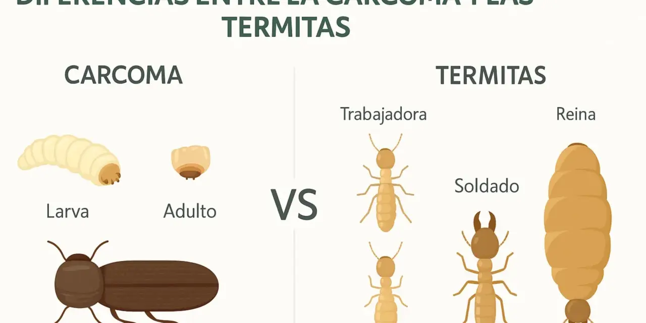 Ilustración compara la carcoma (larva, adulto) con las termitas (trabajadora, soldado, reina).