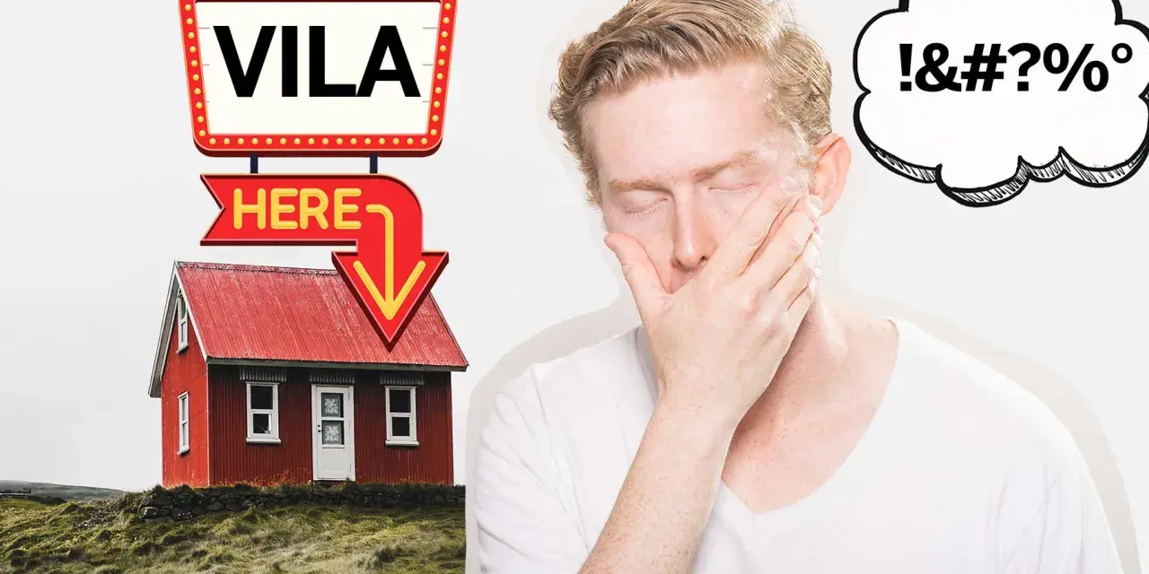 En man med ögonen stängda och handen för munnen, bredvid ett rött hus med en skylt som säger "VILA HERE". Kanske kan man bli yr av stress.