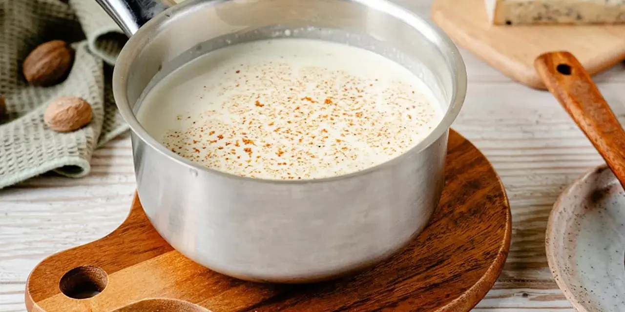 Cremige Gorgonzola-Sauce in einem Topf, bestreut mit Gewürzen. Daneben liegen Muskatnüsse und ein Stück Gorgonzola.