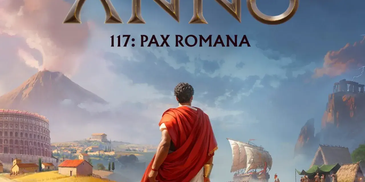 Un hombre con toga mira un paisaje que evoca el anno 117 pax romana, con un coliseo, un volcán y un asentamiento costero.