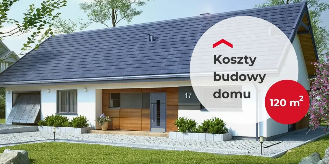 Nowoczesny dom 200m2 z garażem, drewnianą elewacją i dużym ogrodem. Na wizualizacji widnieje napis "Koszty budowy domu 120 m²".
