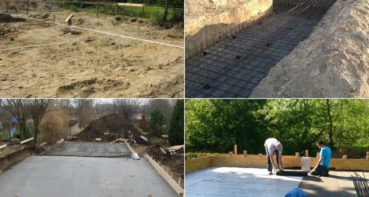 Budowa fundamentów na gruntach słabonośnych: wykop, zbrojenie, betonowanie i izolacja.