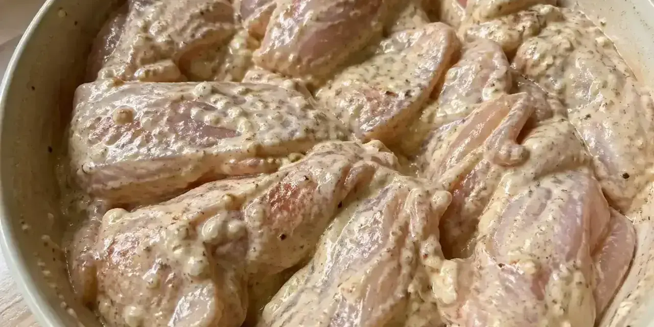 En skål med yoghurtmarinerad kyckling, redo att tillagas. Kycklingbitarna är täckta av en krämig, kryddig marinad.