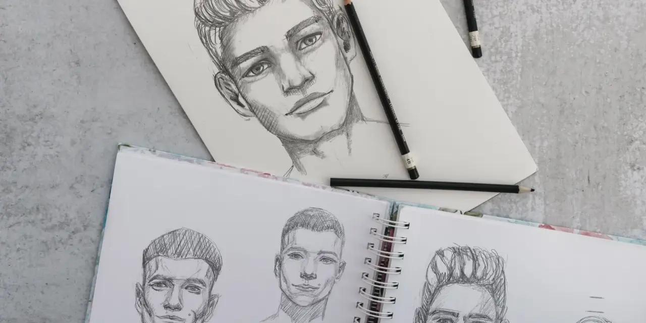 Un dégradé avec dessin de visages d'hommes au crayon. Des croquis de portraits sur un carnet ouvert, avec des crayons posés.