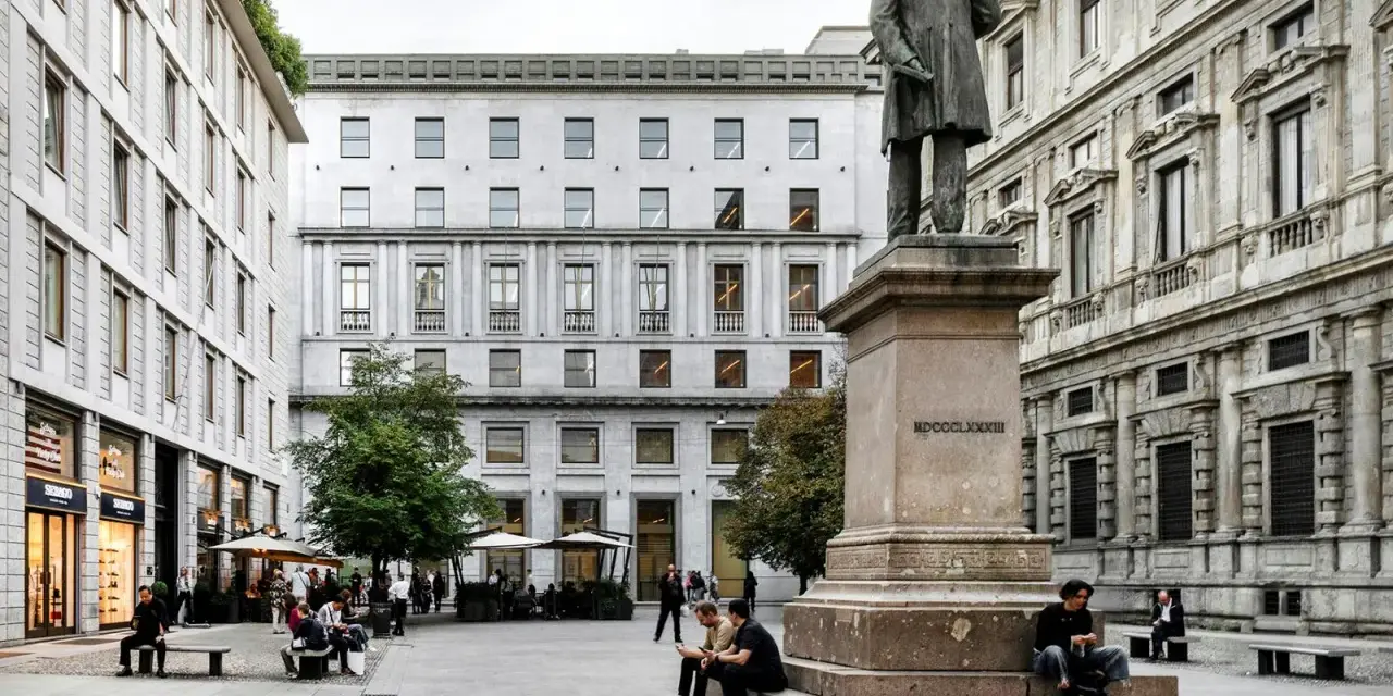 Piazza con statua e architettura elegante, dove si trova la bottega Veneta sede.