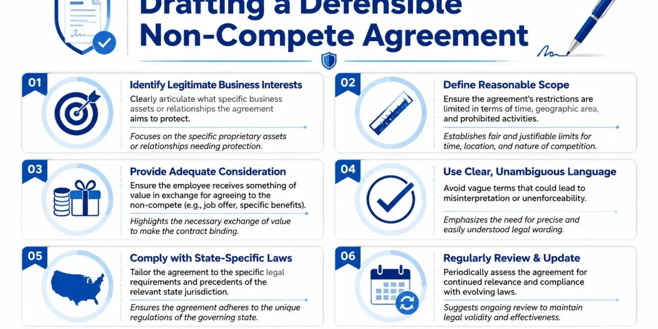 Infographic on drafting a defensible non-compete agreement, detailing 6 key steps: identify interests, define scope, provide consideration, use clear language, comply with laws, and review/update.