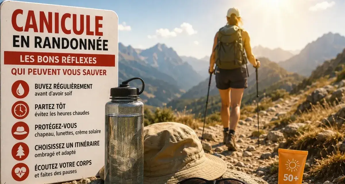 Panneau "Canicule en randonnée" avec conseils. Bouteille d'eau, chapeau, lunettes et crème solaire sur le sentier. Randonneuse s'éloigne sous le soleil.