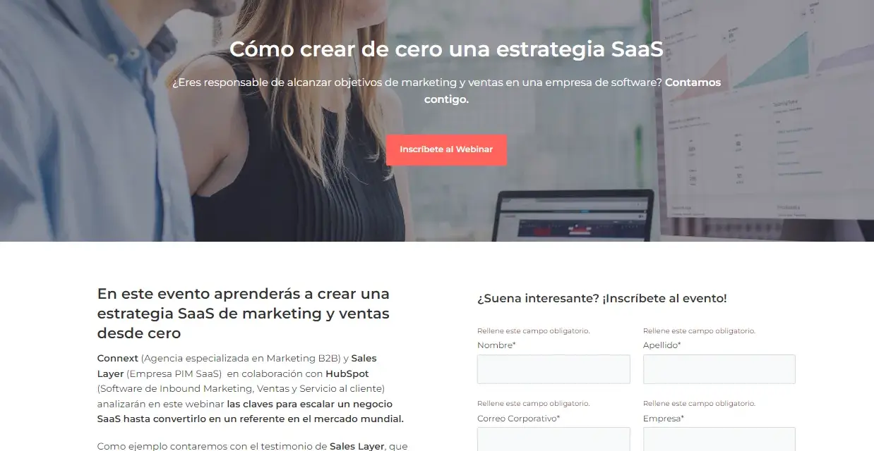 Landing pages de HubSpot para crear estrategias SaaS. Aprende a escalar tu negocio con Connext y Sales Layer.