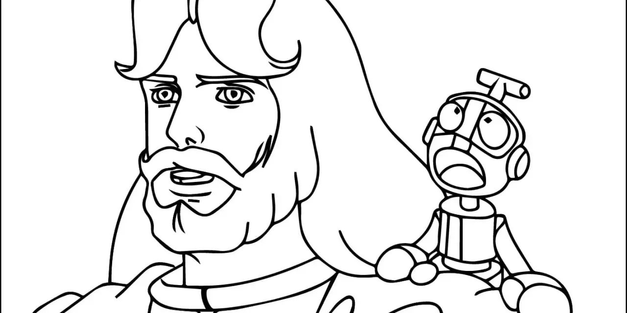 Dessin facile Ulysse et son petit robot compagnon, l'air surpris.