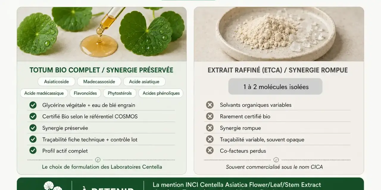 Comparaison entre le totum bio complet de gotu kola et un extrait raffiné, mettant en avant la synergie préservée du premier.