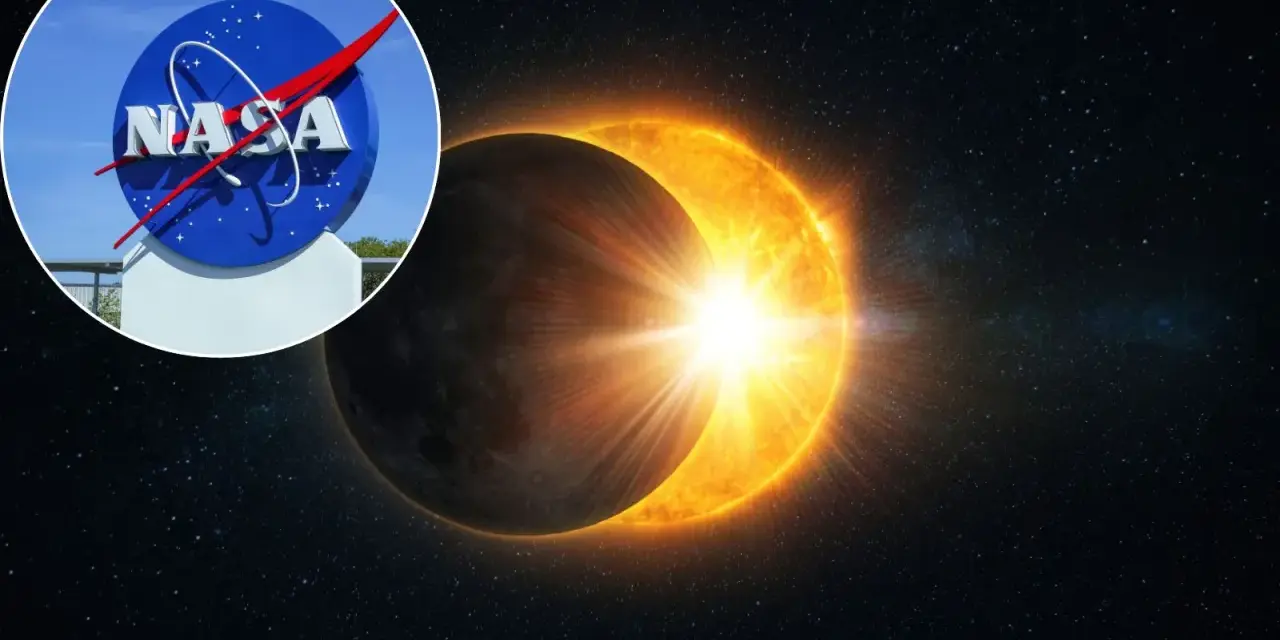 Logo NASA obok spektakularnego zaćmienia Słońca i Księżyca.