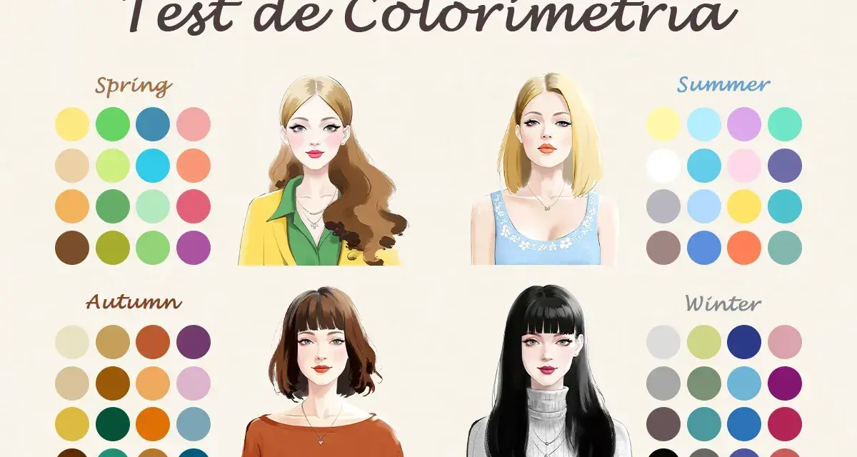 Test de colorimetría: cuatro estilos de mujer con paletas de colores para primavera, verano, otoño e invierno.