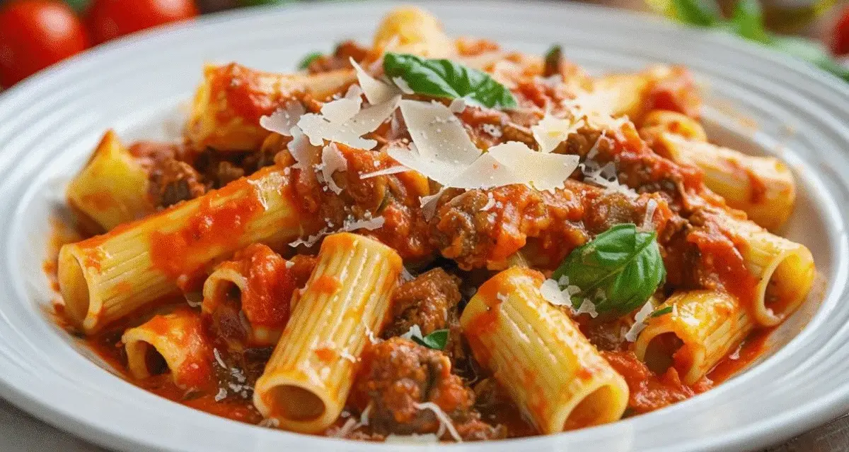 Macarrones con carne picada, cubiertos con salsa de tomate y queso rallado, adornados con hojas de albahaca fresca. ¡Un plato delicioso!