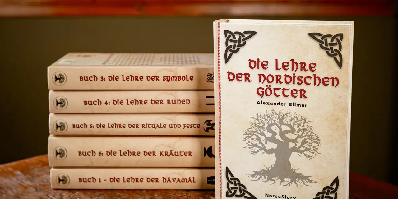 Bücherstapel mit Titeln über nordische Götter, Runen und Symbole. Ein Buch mit dem Titel "Die Lehre der nordischen Götter" steht vorne.