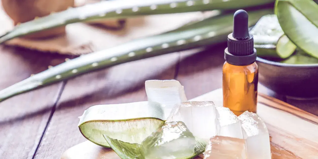 Aloe Vera Gel und Öl auf Holzbrett. Viele fragen sich, ob Aloe Vera gegen Pickel hilft. Hier sind die Zutaten für eine natürliche Hautpflege.