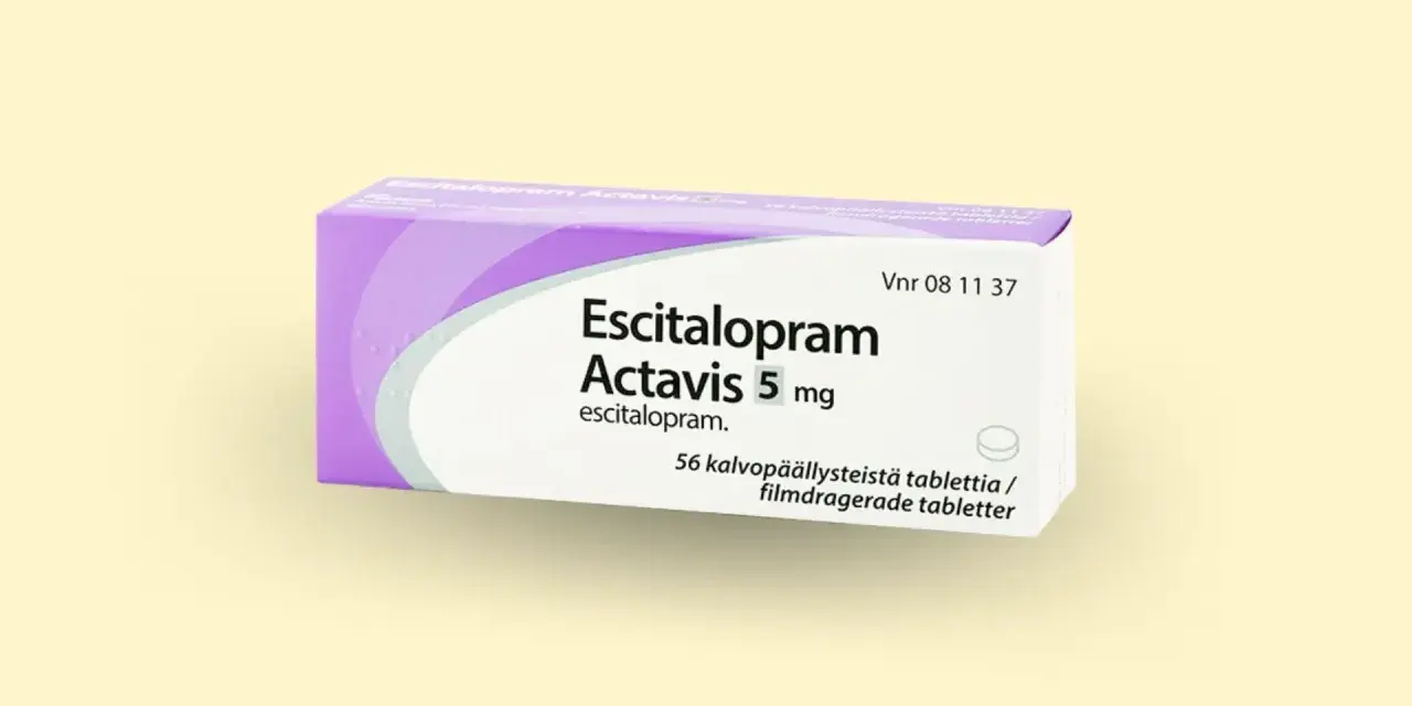 Opakowanie leku Escitalopram Actavis 5 mg, zawierające 56 tabletek.