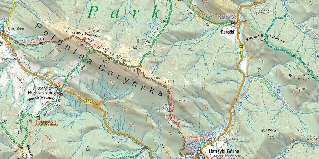 Mapa turystyczna Bieszczadów, szlaki od Krakowa po Ustrzyki Górne, z zaznaczonymi Połoniną Caryńską i Berezkami.