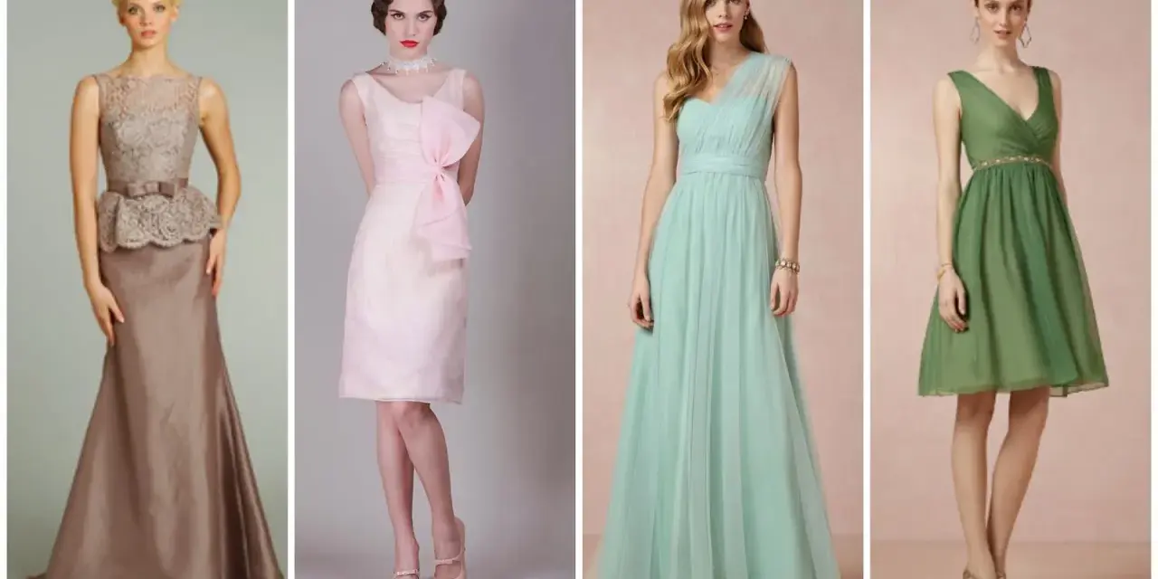 Modelli di abiti eleganti per un matrimonio di giorno: un lungo color tortora, un corto rosa con fiocco, un lungo menta e un corto verde.