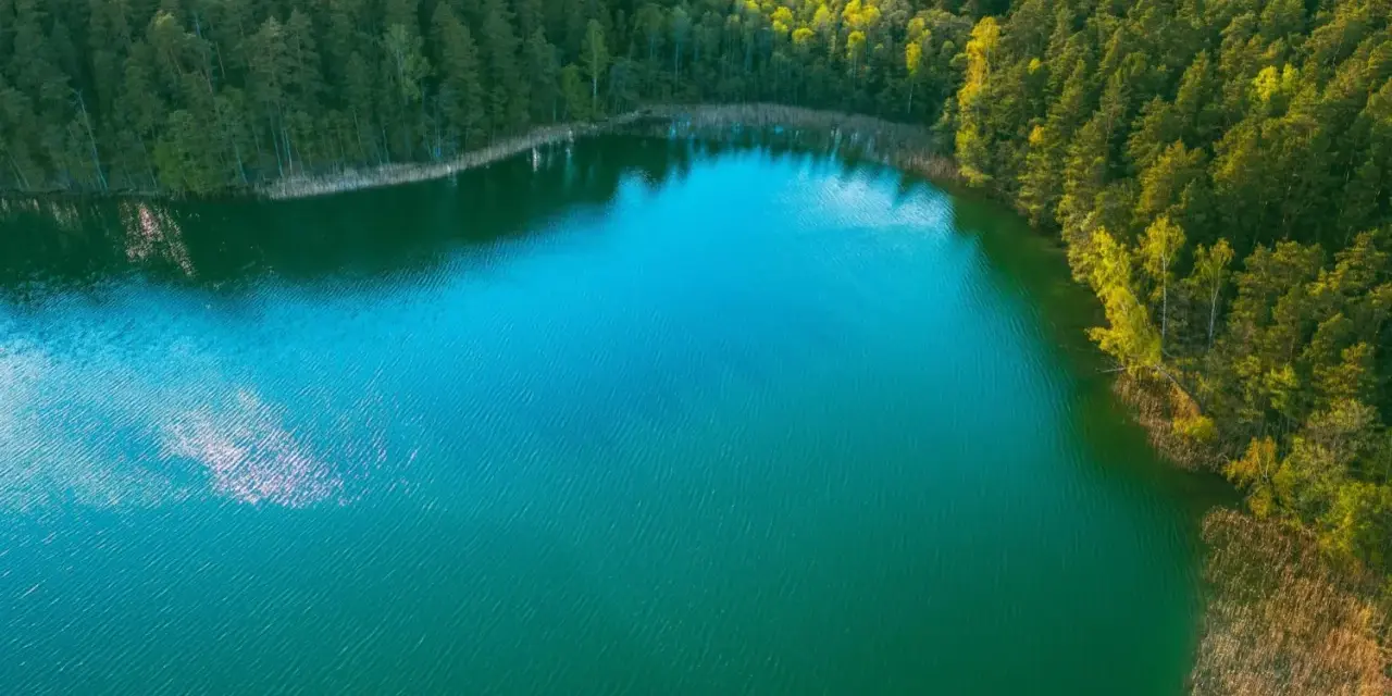 Turkusowe jezioro otoczone lasem, jakby ukryte w okolicach Międzyzdrojów.