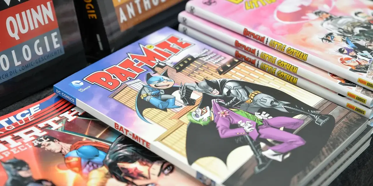 Fumetti DC Comics impilati, tra cui "Bat-Mite" e "Batman Little Gotham". Un lavoro da fumettista che prende vita.