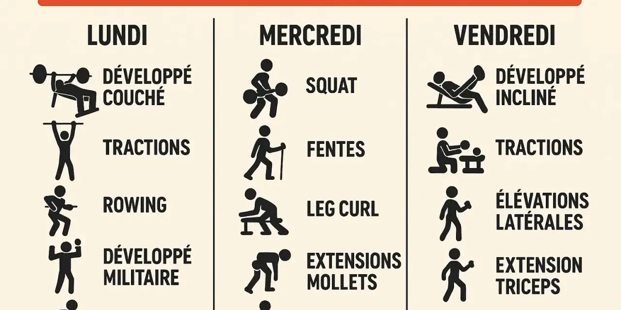 Programme de renforcement musculaire : combien de fois par semaine ? Lundi, mercredi, vendredi : développé couché, tractions, rowing, squat, fentes, leg curl, développé incliné, élévations latérales, extension triceps.